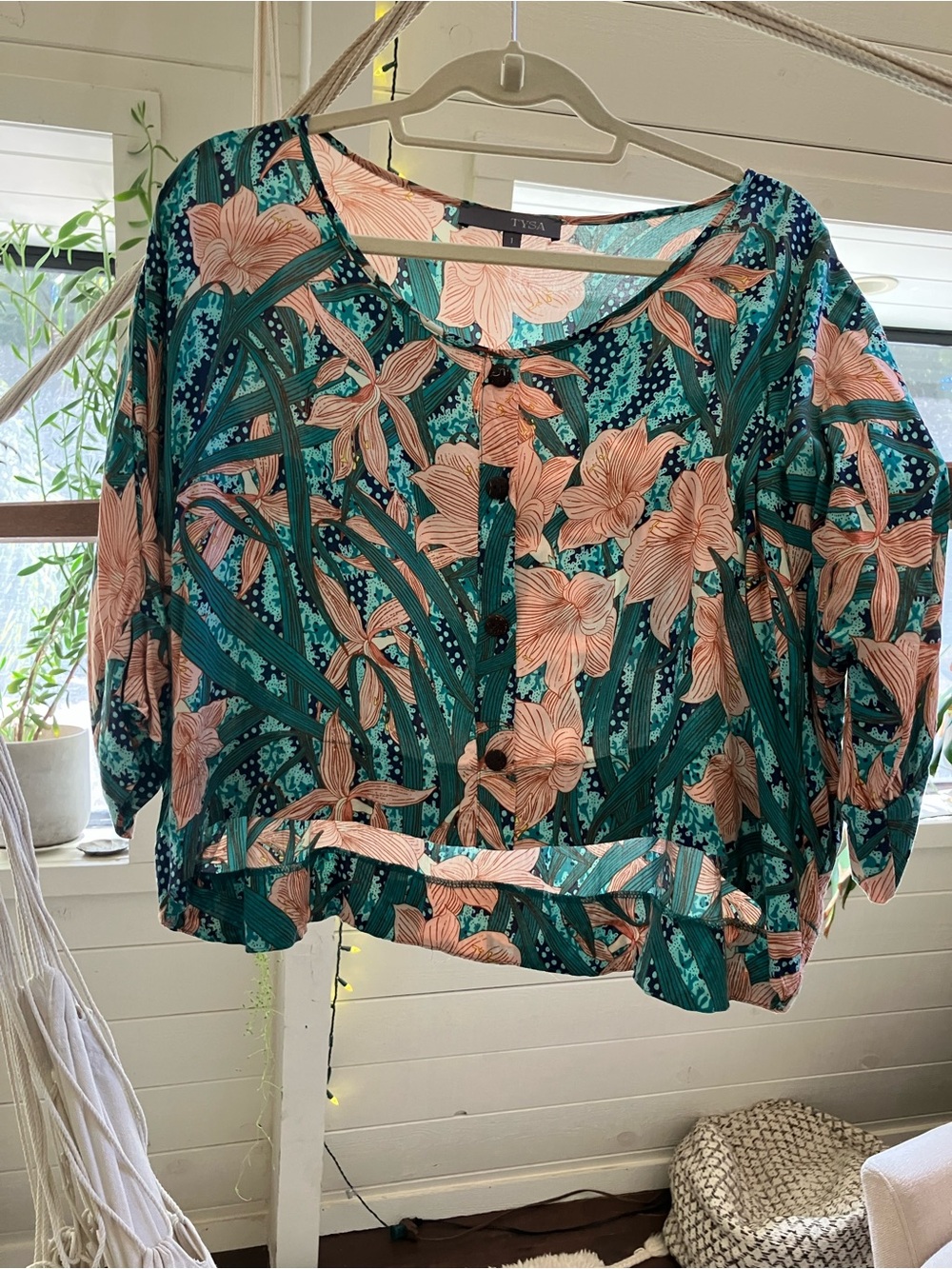 TYSA Teal and Peach Floral Button-Down Blouse